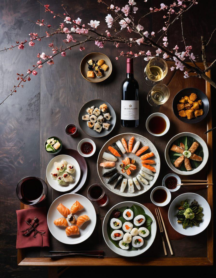 A beautifully arranged table showcasing a variety of Asian dishes, such as sushi, dumplings, and stir-fried vegetables, paired with different glasses of wine. The background should have soft, warm lighting to create a cozy ambiance, highlighting the textures of the food and the elegance of wine. Include delicate cherry blossom branches and traditional Asian tableware to enhance the atmosphere. vibrant colors. soft focus.
