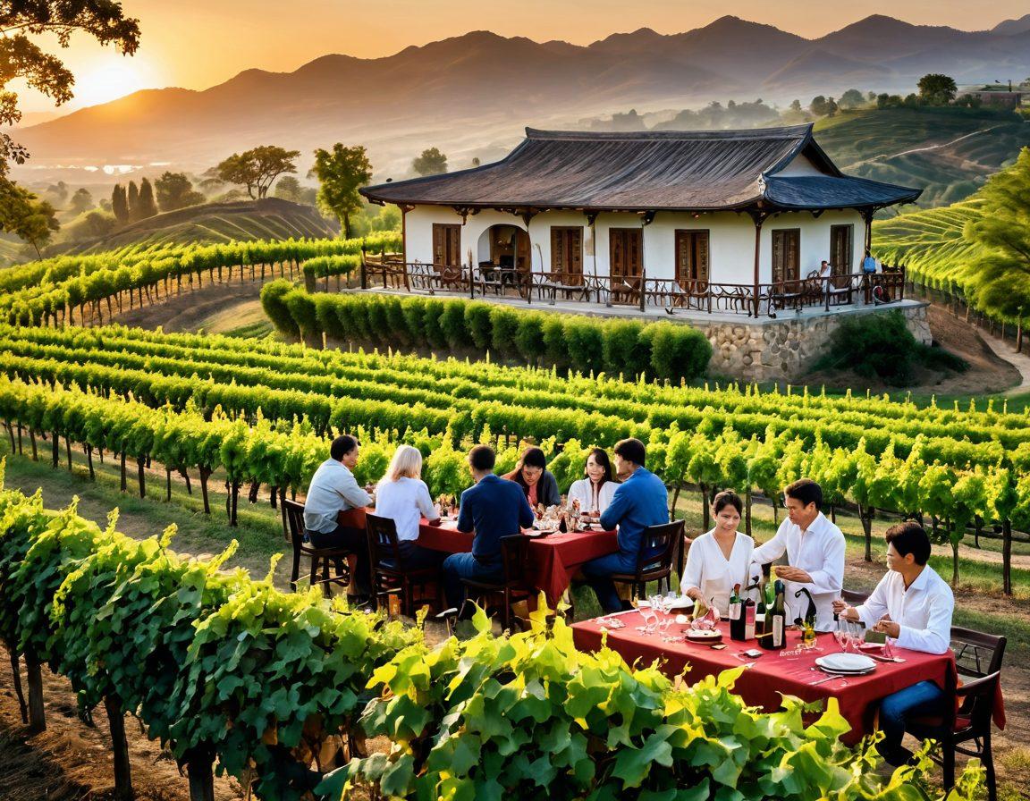 A beautiful vineyard landscape from Asia, featuring lush green hills, rows of grapevines, and traditional Asian wine production tools. In the foreground, a group of diverse wine enthusiasts engaged in tasting, with elegant wine glasses in hand. Sunset light casts a golden hue over the scene, creating a warm and inviting atmosphere. Incorporate elements of Asian architecture in the background, like pagodas, to highlight cultural richness. vibrant colors. super-realistic.