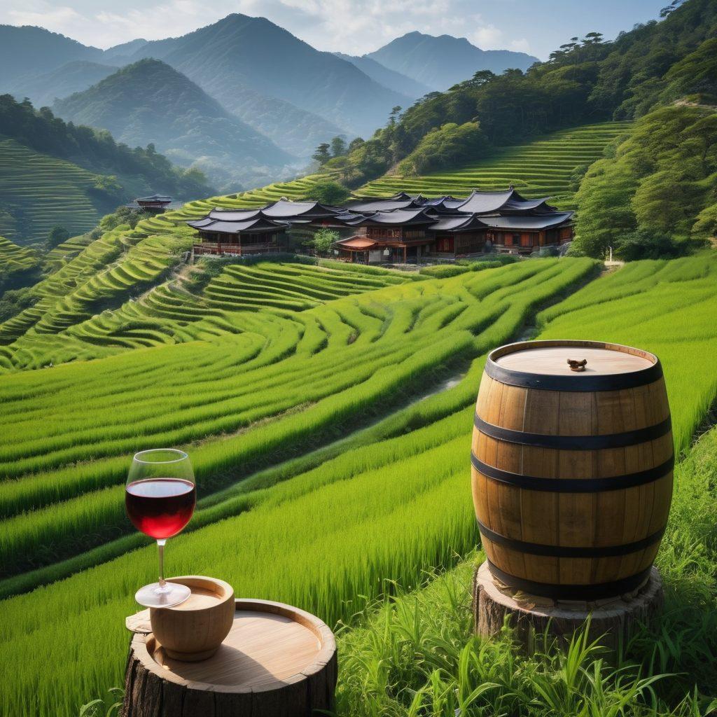 A picturesque landscape illustrating the evolution of fermented beverages in Asia, showcasing traditional rice paddies for sake production, elegant vineyards for fine wine, and diverse regional drinks like soju and fruit wines. Add vibrant colors that capture the beauty of each beverage's ingredients, with wooden barrels and sake cups, alongside ornate wine glasses. The scene should encapsulate cultural elements, like Asian architecture and motifs, enhancing the narrative of the journey. super-realistic. vibrant colors. 3D.